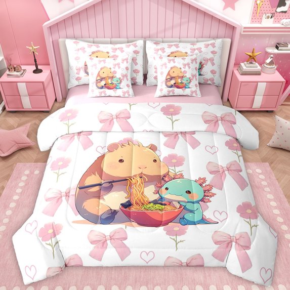 Manfei Ramen Capibara Axolotl Bedding Comforter Set 7pcs, Kawaii Pink Bowknot Flower Queen Bedding Sets, Cartoon Animal Lover Reversible Queen Sheet Sets, Super Cozy Room Decor