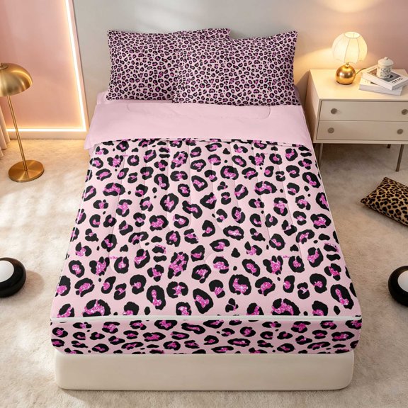 Manfei Raspberry Leopard Zipper Twin Comforter Sets with Fitted Sheet and 2 Pillowcases, Hot Dense Dot Zipper Bedding Set, Pink Reversible