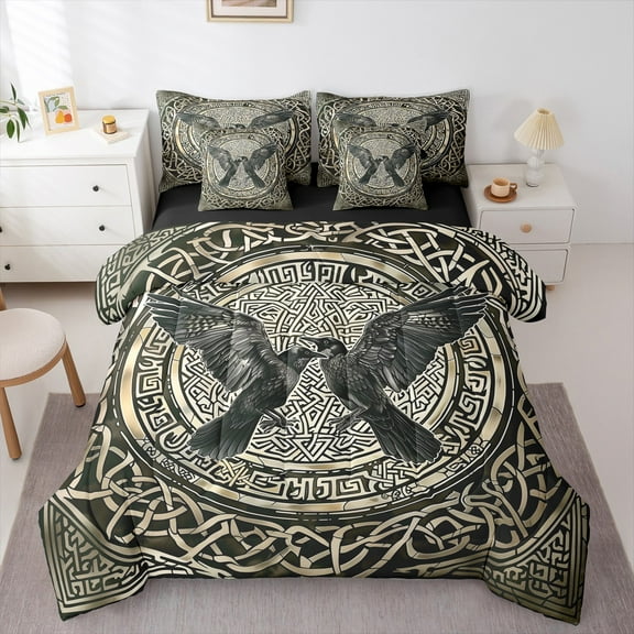 Manfei Raven 7-Piece Bedding Comforter Set,Retro Fantasy Theme King Bedding Sets,Black Gold Bed Sheets For Boys Kids,Ultra Soft Home Decor Reversible