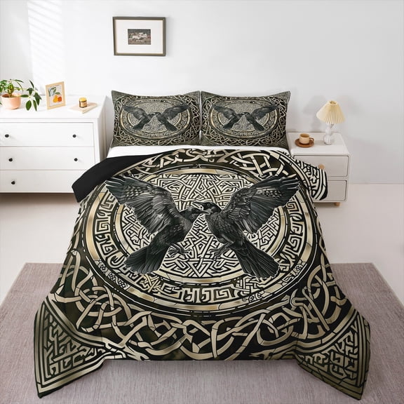 Manfei Raven Bedding Comforter Set,Retro Fantasy Theme Twin Comforter Sets,Black Gold Bedding Set For Boys Kids,Ultra Soft Home Decor Reversible,2pcs