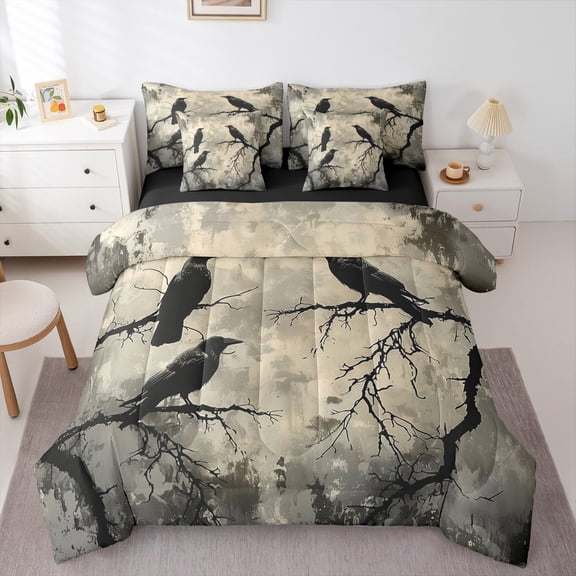 Manfei Raven Crown 7-Piece Bedding Comforter Set,Rustic Plant King Bedding Sets,Black Beige Bed Sheets For Kids Boys,Microfiber Bedroom Decor Reversible
