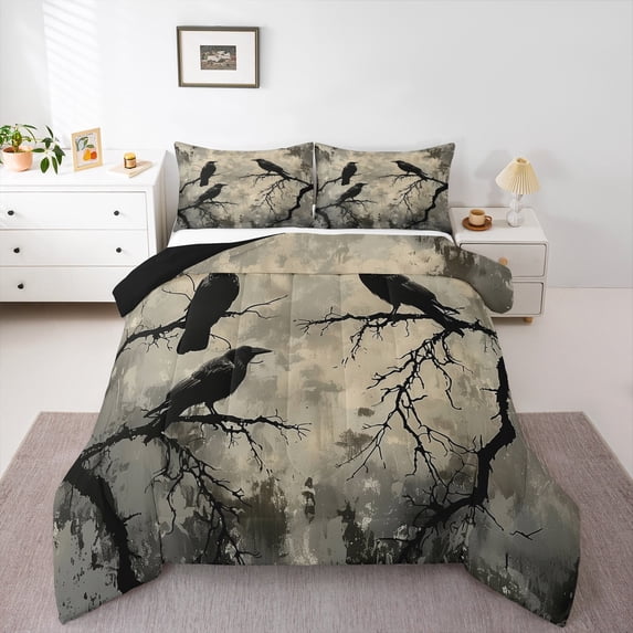 Manfei Raven Crown Full Size Comforter Sets,Rustic Plant Bedding Comforter Set,Black Beige Bedding Sets For Kids Boys,Microfiber Bedroom Decor Reversible,3-Piece