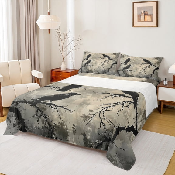 Manfei Raven Crown 3-Piece Twin Sheet Set - Rustic Plant/Black Beige for Boys