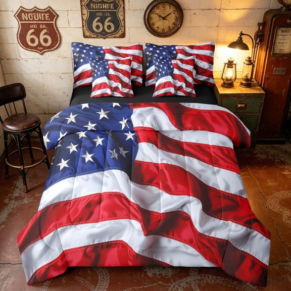 Manfei Realistic 3D USA Flag Twin Bedding, Independence Day Bedding Comforter Set, Red White Blue, Black Reversible 7pcs