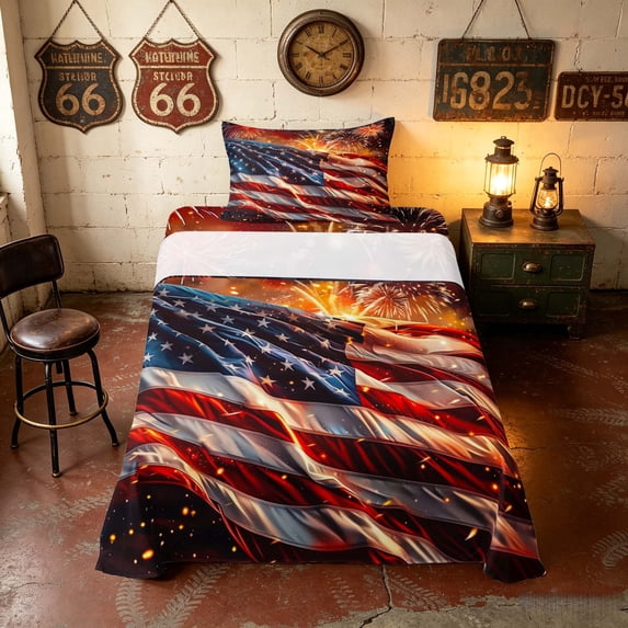 Manfei Realistic American Flag Twin Sheets, Fireworks Bedding, Red White Blue, Black Reversible 3pcs (1 Flat Sheet, 1 Fitted Sheet and 1 Pillowcase)