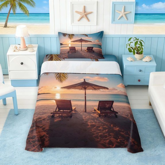 Manfei Realistic Beach Sunset Twin Sheet Sets for Kids Boys and Girls, Coastal Vacation Print Bedding 3-Piece, 1 Flat Sheet, 1 Fitted Sheet and 1 Pillowcase
