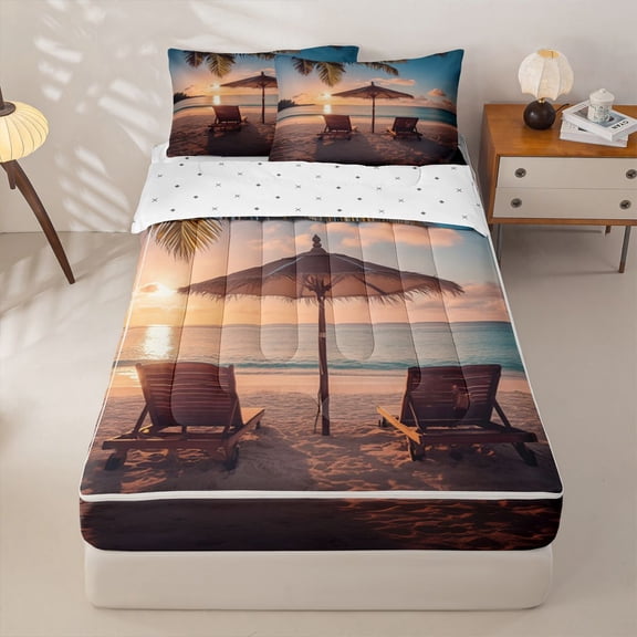 Manfei Realistic Beach Sunset Zipper Twin Comforter Sets with Fitted Sheet and 2 Pillowcases for Kids Boys and Girls, Coastal Vacation Print Zipper Bedding Set, Reversible, 4pcs