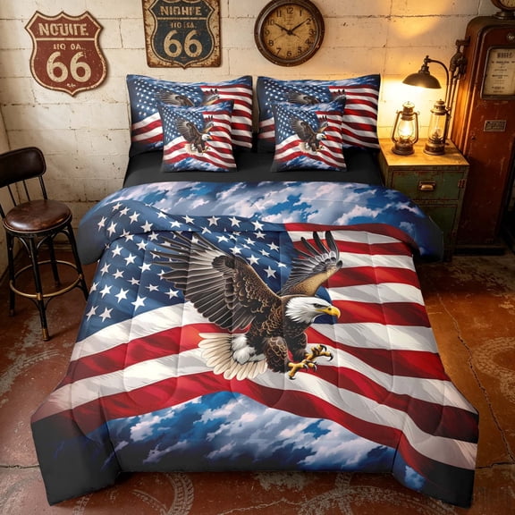 Manfei Realistic Eagle Twin Bedding, Waving USA Flag Bedding Comforter Set, Red White Blue Brown, Black Reversible 7-Piece