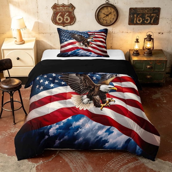 Manfei Realistic Eagle Twin Comforter Sets, Waving USA Flag Bedding Set, Red White Blue Brown, Black Reversible 2-Piece, 1 Comforter and 1 Pillowcase