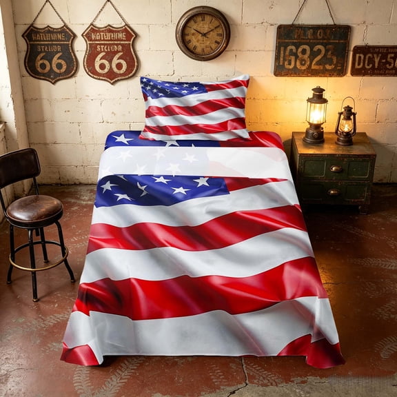 Manfei Realistic USA Flag Twin Sheets, July 4th Bedding, Red White Blue, Black Reversible 3 Pieces (1 Flat Sheet, 1 Fitted Sheet and 1 Pillowcase)