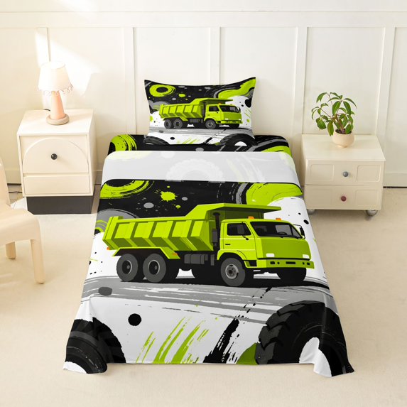 Manfei Recycling Truck Pattern Twin Sheets,Cartoon Car Print Bedding,Green,3pcs,1 Fitted Sheet and 1 Pillowcase
