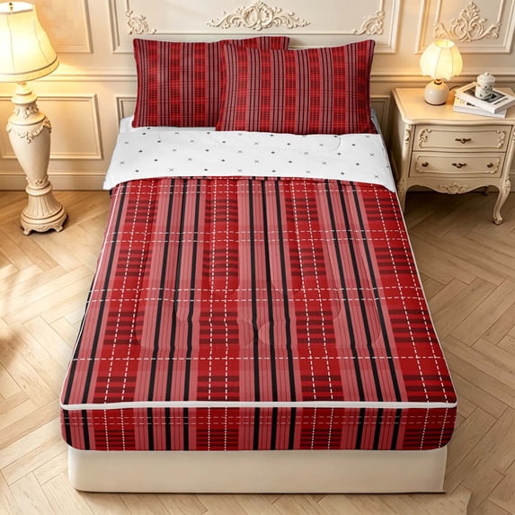 Manfei Red Black Geometric Check Zipper Full Size Comforter Sets with Fitted Sheet and 2 Pillowcases,Classic Plaid Zipper Bedding Set,Reversible,4pcs