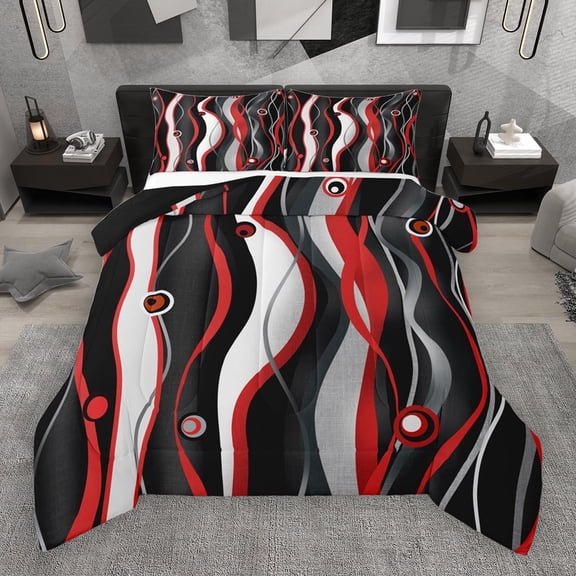 Manfei Red Black White Queen Comforter Set,Waves Lines Bedding Sets,Minimalism Geometric Striped Bedding Comforter Set For Girls Boys,Super Cozy Room Decor Reversible,3 Pieces