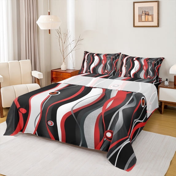 Manfei Red Black White Twin Sheet Sets,Waves Lines Twin Fitted Sheet,Minimalism Geometric Striped Flat Sheet For Girls Boys,Super Cozy Room Decor,3pcs