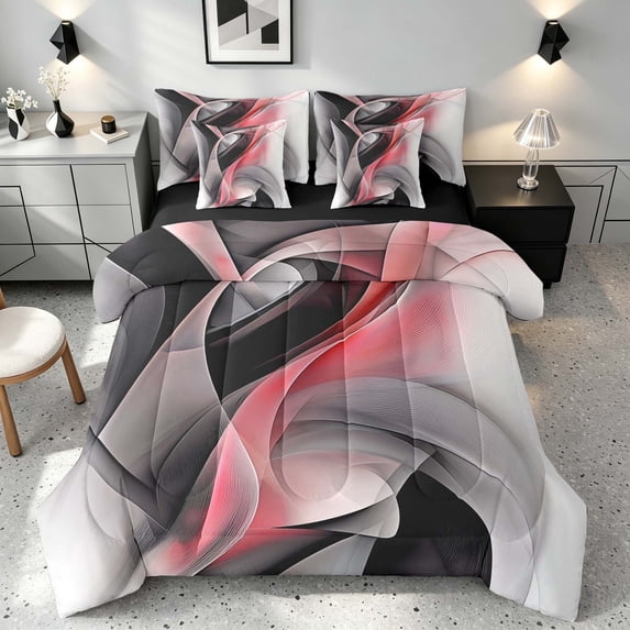 Manfei Red Black and Gray Full Size Bedding Sets, Modern Abstract Artwork, Black Reversible 7-Piece