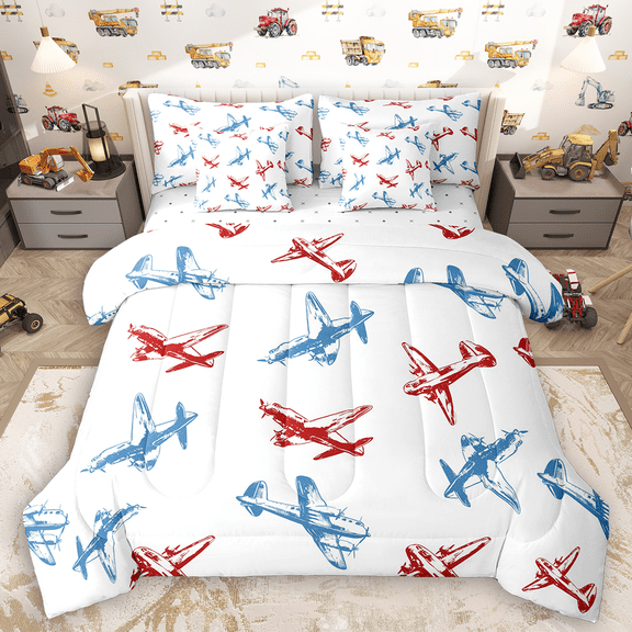 Manfei Red Blue Aircraft Twin Bedding Sets 7pcs, Cartoon Plane Bedding Comforter Set, Boys Airplane Sheet Sets, Super Cozy Room Decor