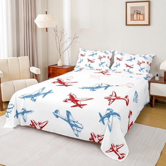 Manfei Red Blue Aircraft Twin Sheet Sets 3pcs, Cartoon Plane Twin Fitted Sheet, Boys Airplane Flat Sheet, Super Cozy Room Decor
