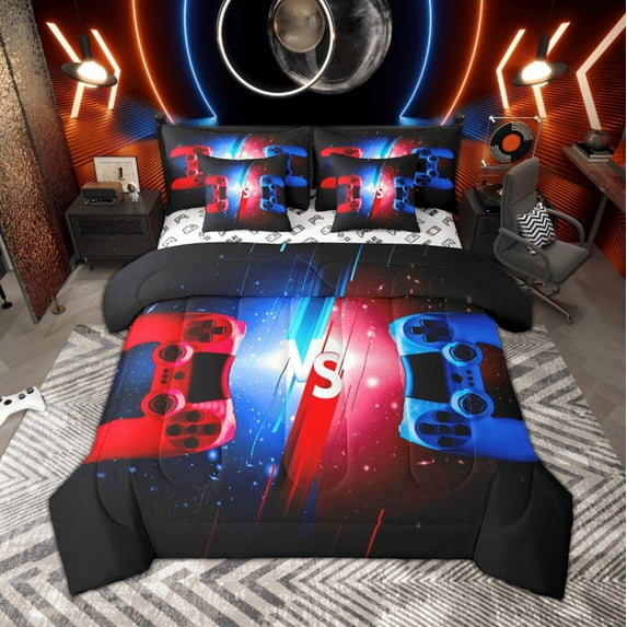 Manfei Red Blue Game Controller Bedding Comforter Set, Teens Gamer Gaming King Bedding Sets, Neon Lightning Star Bed Sheets Breathable Home Decor Reversible 7 Pieces
