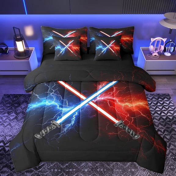 Manfei Red Blue Lightsaber 7 Pieces Bedding Comforter Set,Video Games Theme Full Bedding Set,Neon Glowing Lightning Fitted Sheet Flat Sheet For Boys,Ultra Soft Home Decor Reversible