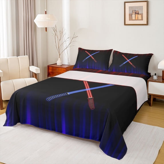 Manfei Red Blue Gradient Light Queen Sheet Sets,Video Games Theme Flat Sheet,Modern Fashion Gaming Queen Fitted Sheet For Boys,Ultra Soft Home Decor,4 Pieces