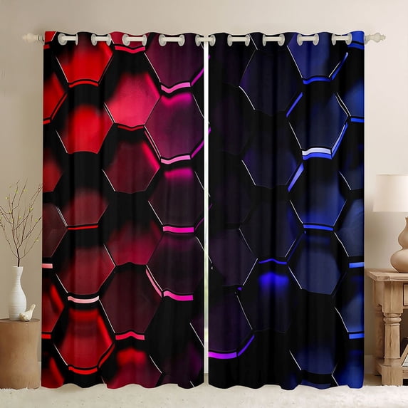 Manfei Red Blue Neon Honeycomb Blackout Curtains Set of 2 (52x84 Each), Glowing 3D Hexagon Curtain