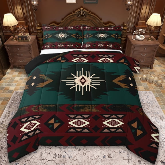 Manfei Red Boho bohemian Bedding Comforter Set,Green Aztec Geometric Twin Comforter Sets,Rustic Farmhouse Cabin Bedding Set,Super Cozy Room Decoration Reversible,2pcs