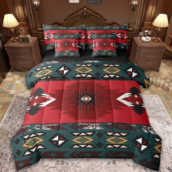 Manfei Red Boho bohemian Twin Bedding Sets 7 Pieces,Aztec Floral Bedding Comforter Set 7 Pieces,bohemian Geometric Flower Sheet Sets,Breathable Room Decorative Reversible
