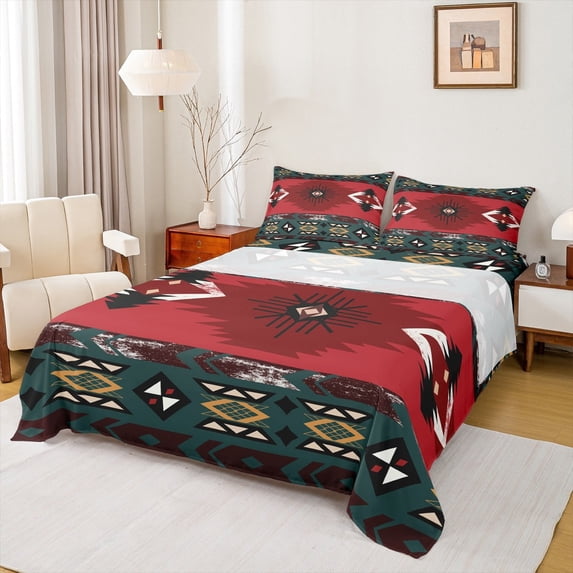 Manfei Red Boho bohemian Twin Sheet Sets,Aztec Floral Twin Fitted Sheet,bohemian Geometric Flower Flat Sheet,Breathable Room Decorative,3 Pieces