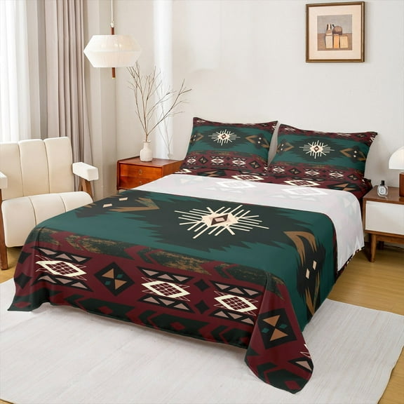 Manfei Red Boho bohemian Twin Sheet Sets,Green Aztec Geometric Twin Fitted Sheet,Rustic Farmhouse Cabin Flat Sheet,Super Cozy Room Decoration,3pcs