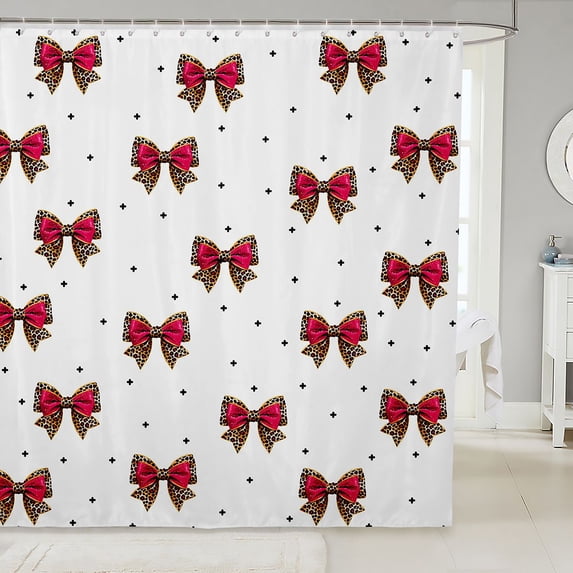 Manfei Red Bow Knot Shower Curtain 72Wx84L,Leopard Print Bowtie Bathroom Shower Curtain