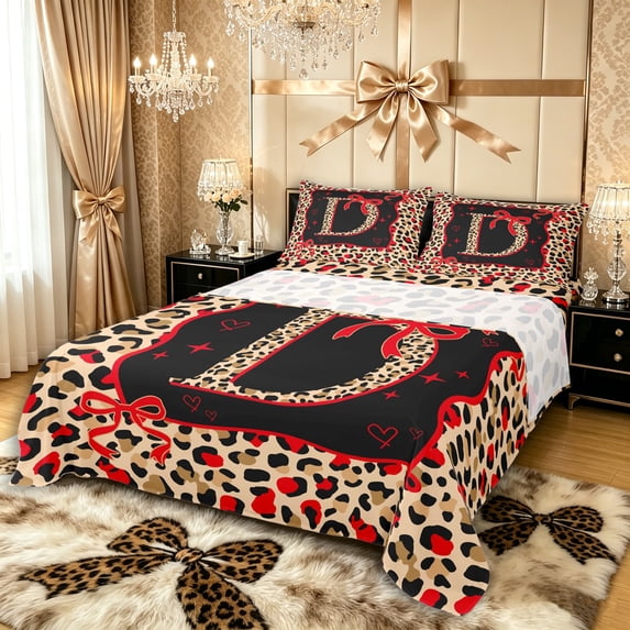 Manfei Red Bow Tie D Personalized Initial Full Size Sheets 4-Piece for Teens Girls,Kids Vintage Leopard Print Letter Bed Sheets,Lightweight Room Decor