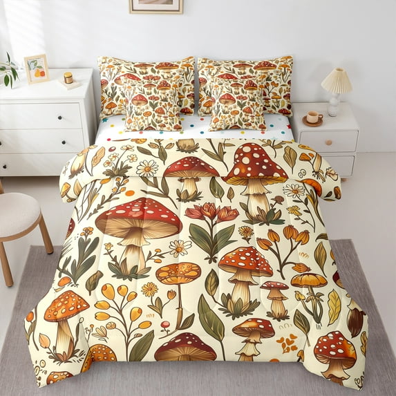 Manfei Red Brown Mushroom 7-Piece Twin Bedding Sets,Rustic Flower Floral Bedding Comforter Set,Cute Cartoon Daisy Sheet Sets For Girl Child,Microfiber Bedroom Decor Reversible