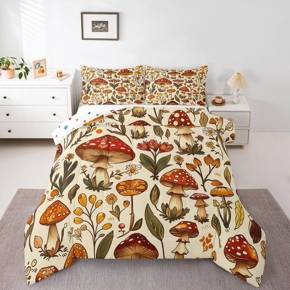 Manfei Red Brown Mushroom Bedding Comforter Set,Rustic Flower Floral Twin Comforter Sets,Cute Cartoon Daisy Bedding Set For Girl Child,Microfiber Bedroom Decor Reversible,2 Pieces