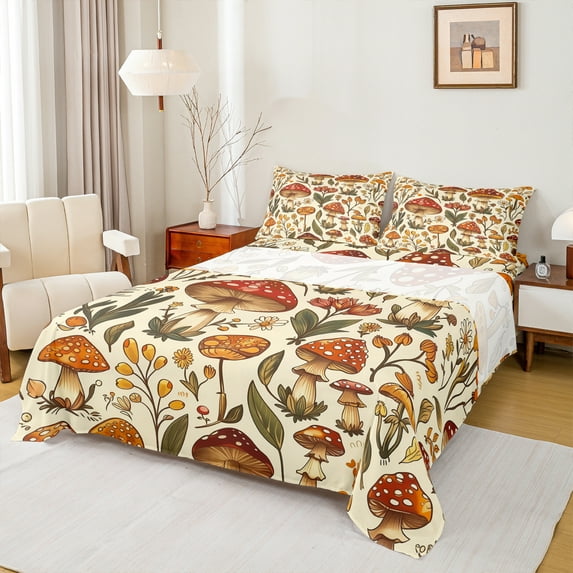 Manfei Red Brown Mushroom Twin Sheet Sets,Rustic Flower Floral Twin Fitted Sheet,Cute Cartoon Daisy Flat Sheet For Girl Child,Microfiber Bedroom Decor,3 Pieces