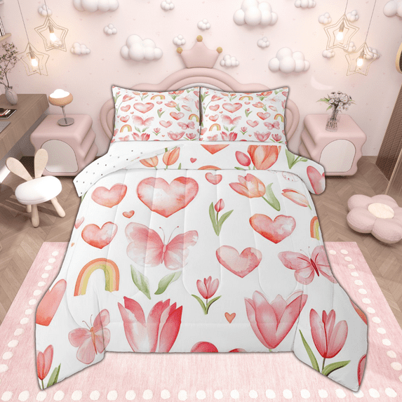 Manfei Red Butterfly Queen Comforter Set for Girls, Cute Rainbow Hearts Bedding Sets, Chic Flower Floral Bedding Comforter Set, Microfiber Bedroom Decor Reversible 3pcs
