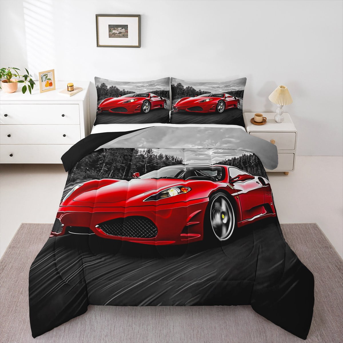 Manfei Red Car 3pcs King Size Comforter Sets,Extreme Sport Bedding