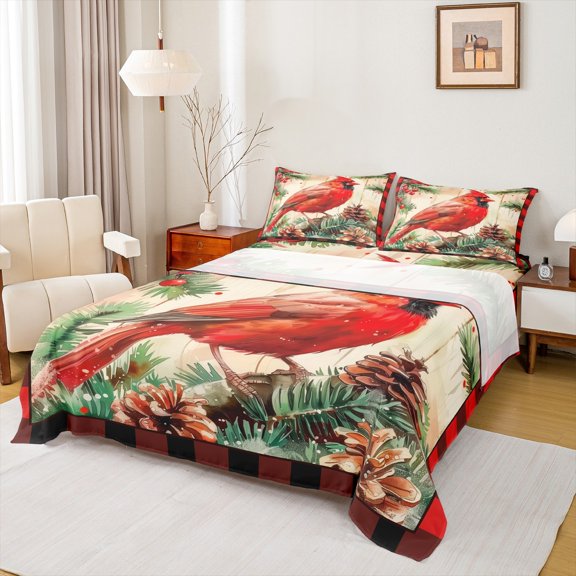 Manfei Red Cardinals Berry Bed Sheets,Rustic Pine Cone King Sheets,Merry Christmas Sheet Set For Girls,Ultra Soft Home Decor,4pcs