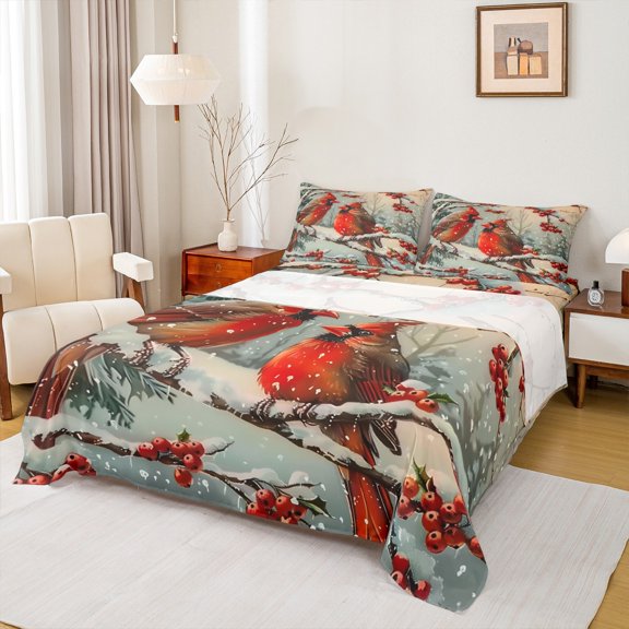 Manfei Red Cardinals Berry Bed Sheets,Winter King Sheets,Merry Xmas Sheet Set For Child,Ultra Soft Home Decor,4-Piece