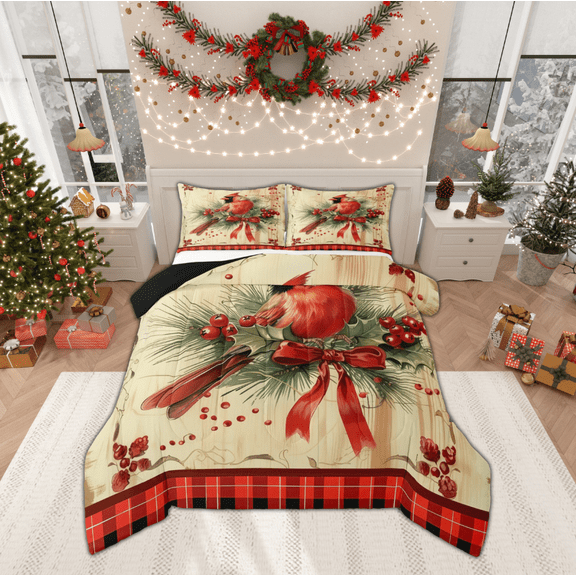 Manfei Red Cardinals Berry Bedding Comforter Set,Cute Bowtie Bow Twin Comforter Sets,Merry Christmas Bedding Set For Girls,Ultra Soft Home Decor Reversible,2 Pieces