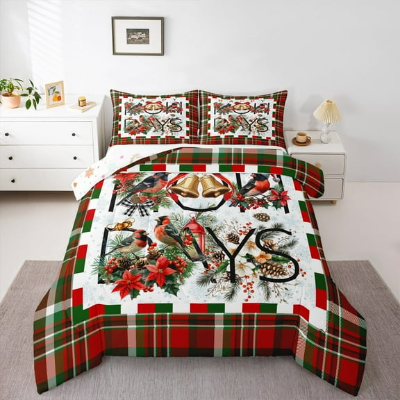 Manfei Red Cardinals Berry Bedding Comforter Set,Pine Cone Twin Comforter Sets,Merry Xmas Bedding Set For Child,Ultra Soft Home Decor Reversible,2pcs