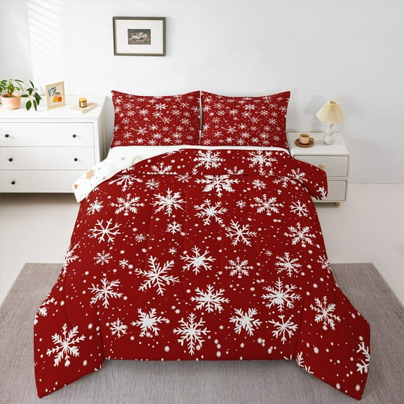 Manfei Red Cartoon Snowflake Bedding Comforter Set for Teen, Winter Snow Twin Comforter Sets, Western Christmas Festival Reversible Bedding Set, Breathable Home Decor, 2pcs