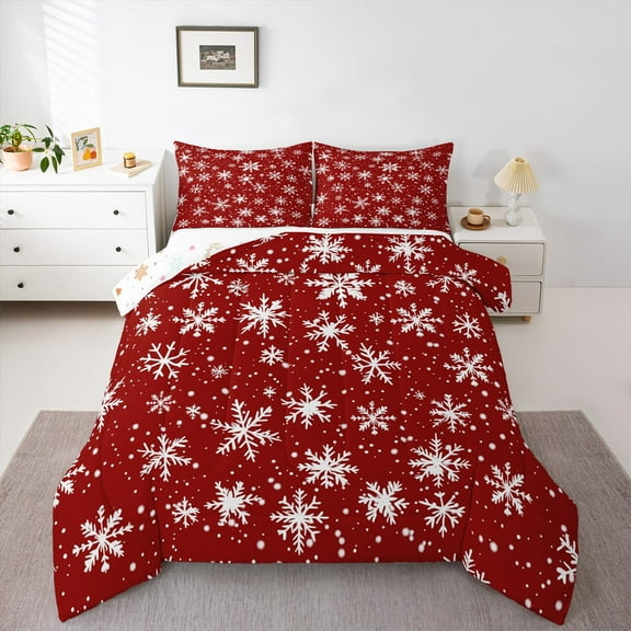 Manfei Red Cartoon Snowflake Bedding Comforter Set for Teen, Winter Snow Twin Comforter Sets, Western Christmas Festival Reversible Bedding Set, Breathable Home Decor, 2pcs