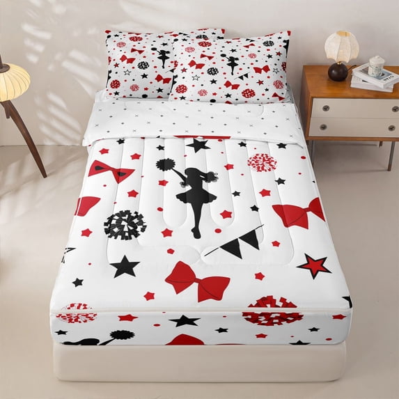Manfei Red Cheerleading Zipper Full Size Comforter Sets with Fitted Sheet and 2 Pillowcases For Girls,Cartoon Cheer Bow Print Zipper Bedding SetFor Kids,Reversible,4-Piece