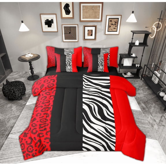 Manfei Red Cheetah Print Bedding Comforter Set 7pcs, Fashion Leopard Zebra Queen Bedding Sets, Abstract Stripes Reversible Queen Sheet Sets, Breathable Home Decor