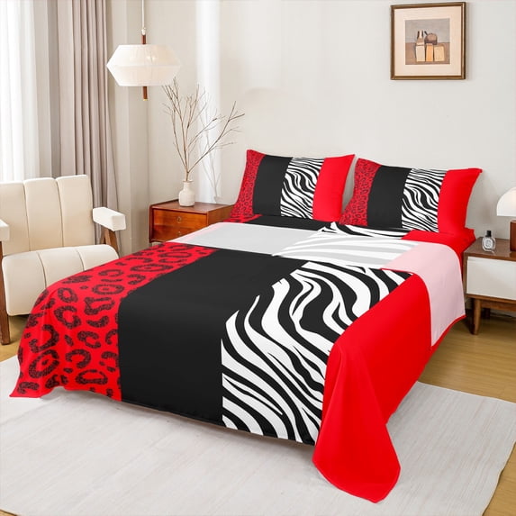 Manfei Red Cheetah Print Queen Sheet Sets, Fashion Leopard Zebra Flat Sheet, Abstract Stripes Queen Fitted Sheet, Breathable Home Decor, 4pcs