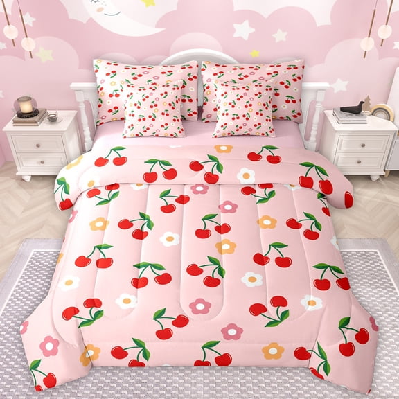 Manfei Red Cherry 7-Piece Twin Bedding Sets,Colorful Flower Blossom Bedding Comforter Set,Cartoon Floral Sheet Sets For Teens,Microfiber Bedroom Decor Reversible