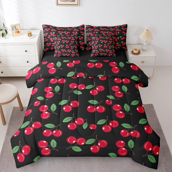 Manfei Red Cherry 7 Pieces Bedding Comforter Set,Kawaii Fruit Full Bedding Set Lightweight,Cute Food Fitted Sheet Flat Sheet,Microfiber Cartoon Bedroom Decoration,Reversible