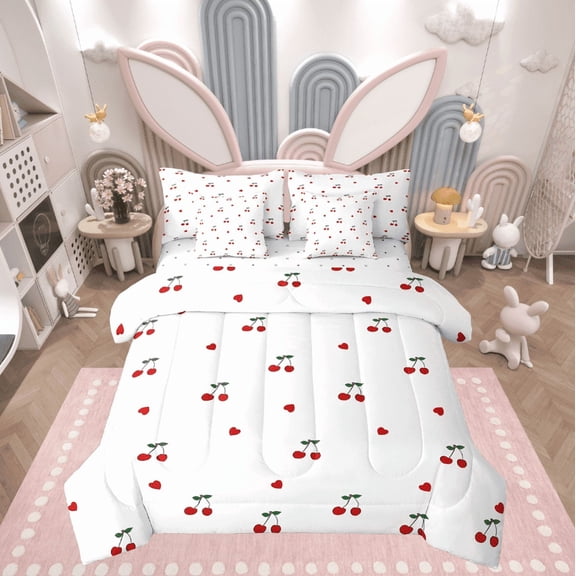 Manfei Red Cherry Bed in a Bag Twin size, Cartoon Fruit Bedding Sets Twin Size, Lover Heart Reversible Bedding Twin Size, Microfiber Room Decorative, 7 Pieces