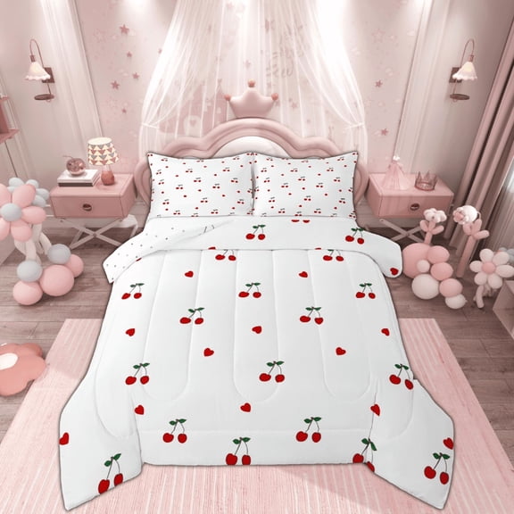 Manfei Red Cherry Bedding Sets Full with Comforter, Cartoon Fruit Duvet Insert, Lover Heart Reversible Comforter Sets Full Size, Microfiber Room Decorative, 3 Pieces