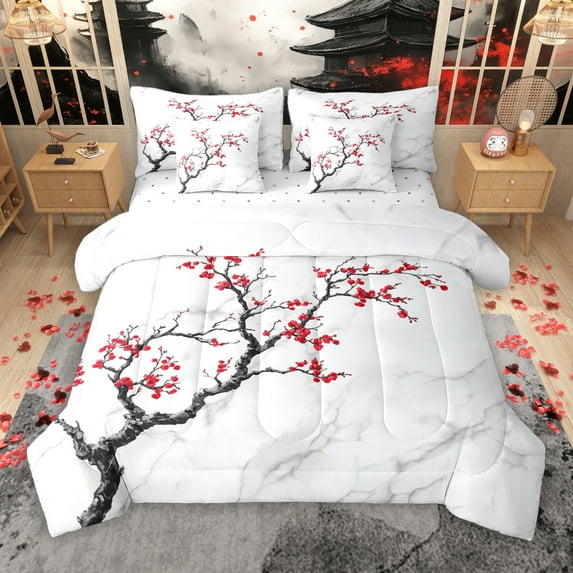 Manfei Red Cherry Blossoms 7-Piece Bedding Comforter Set, Grey White Marble Abstract King Bedding Sets, Vintage Artwork Reversible Bed Sheets, Lightweight Room Decor